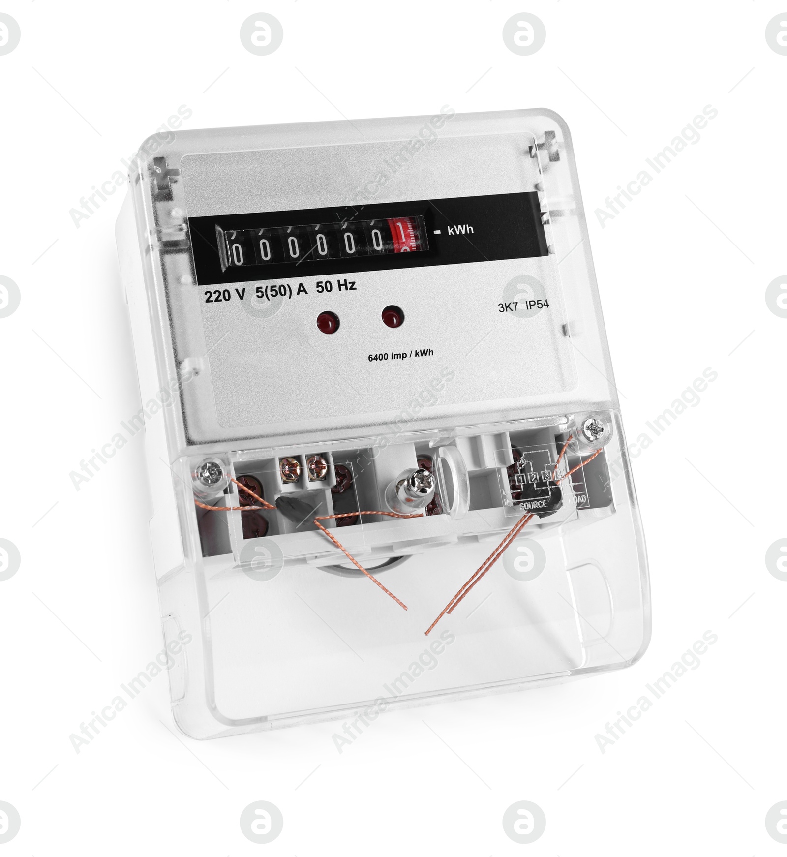 Photo of Electric meter isolated on white. Energy measuring device