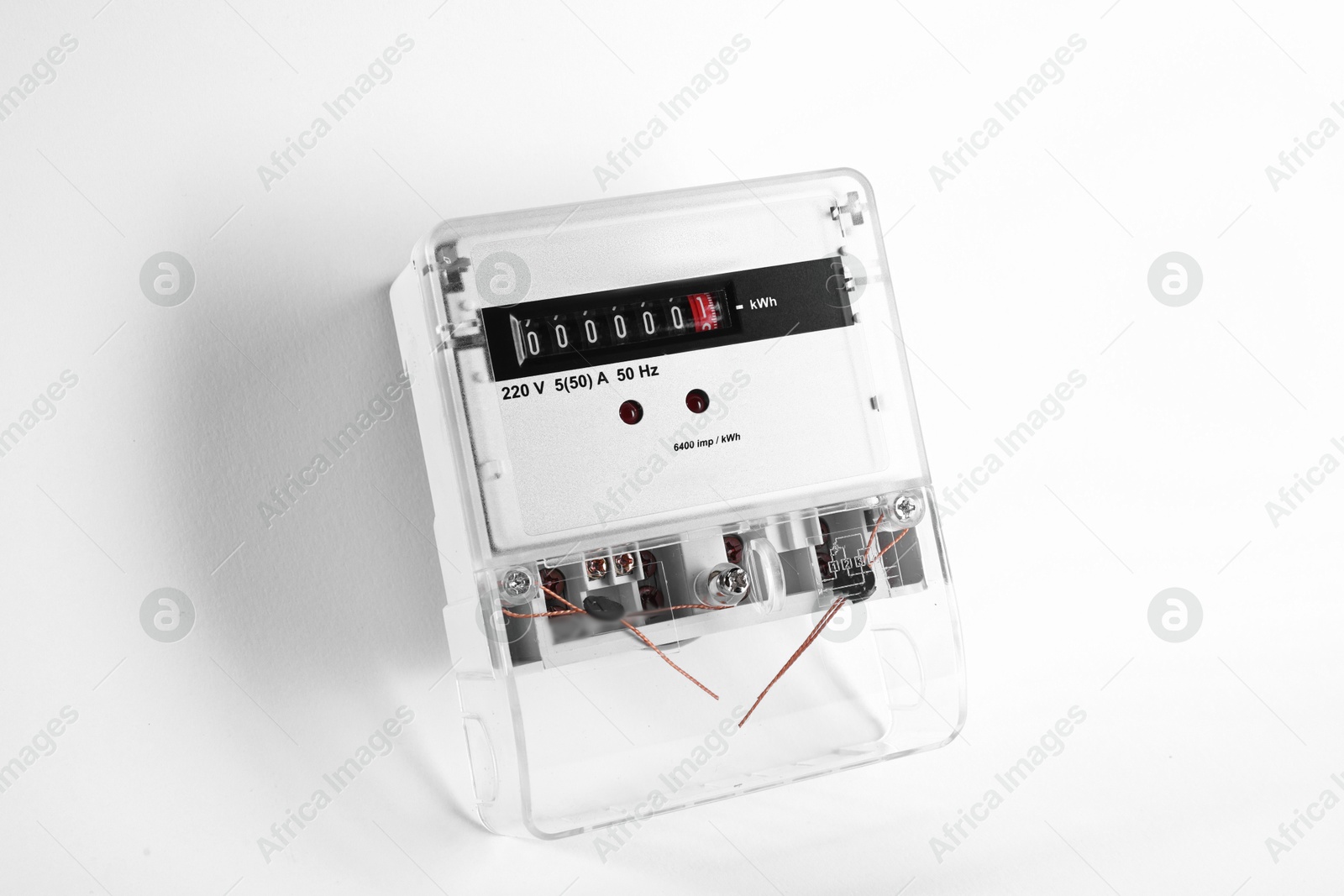 Photo of Electric meter on white background. Energy measuring device