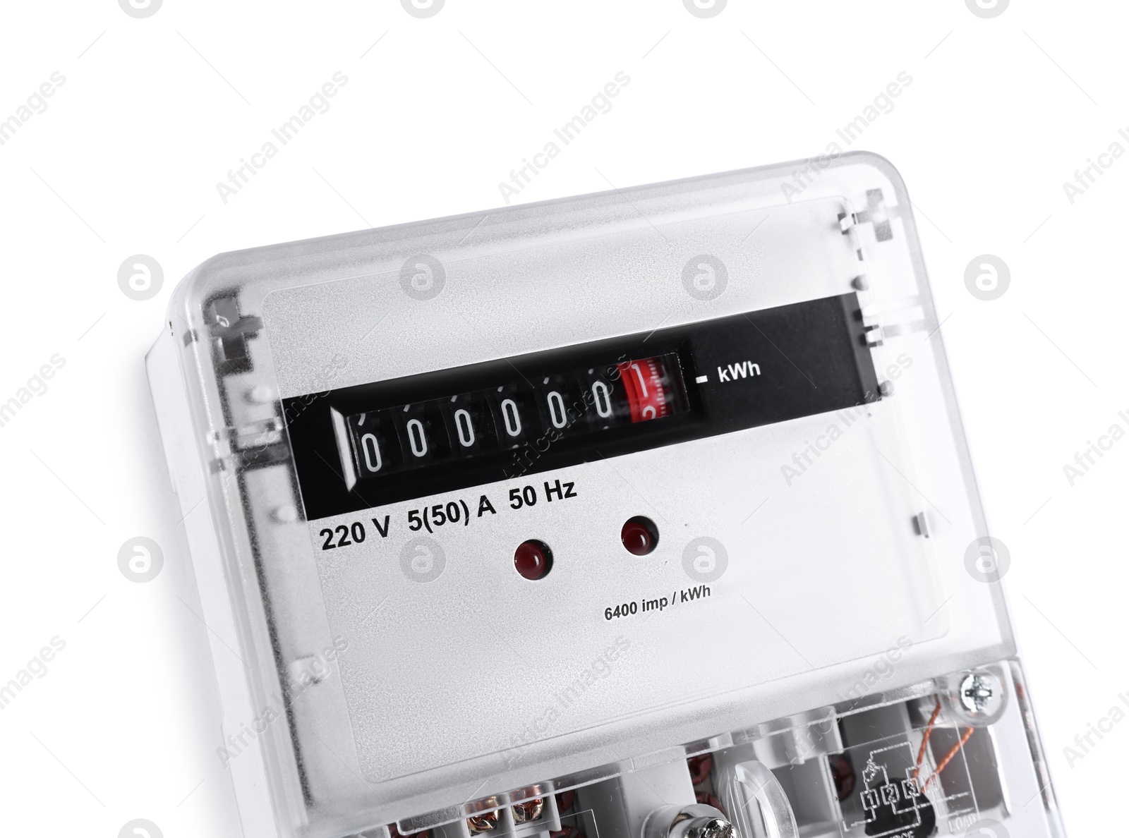 Photo of Electric meter isolated on white. Energy measuring device