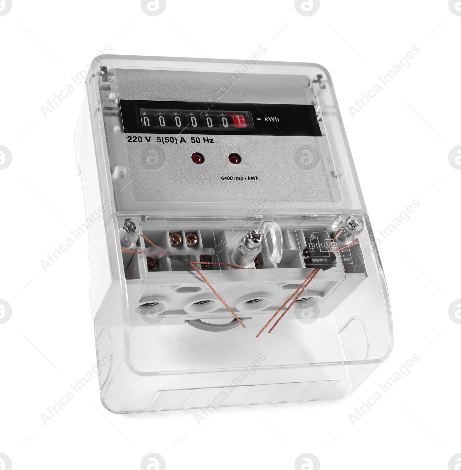 Photo of Electric meter isolated on white. Energy measuring device