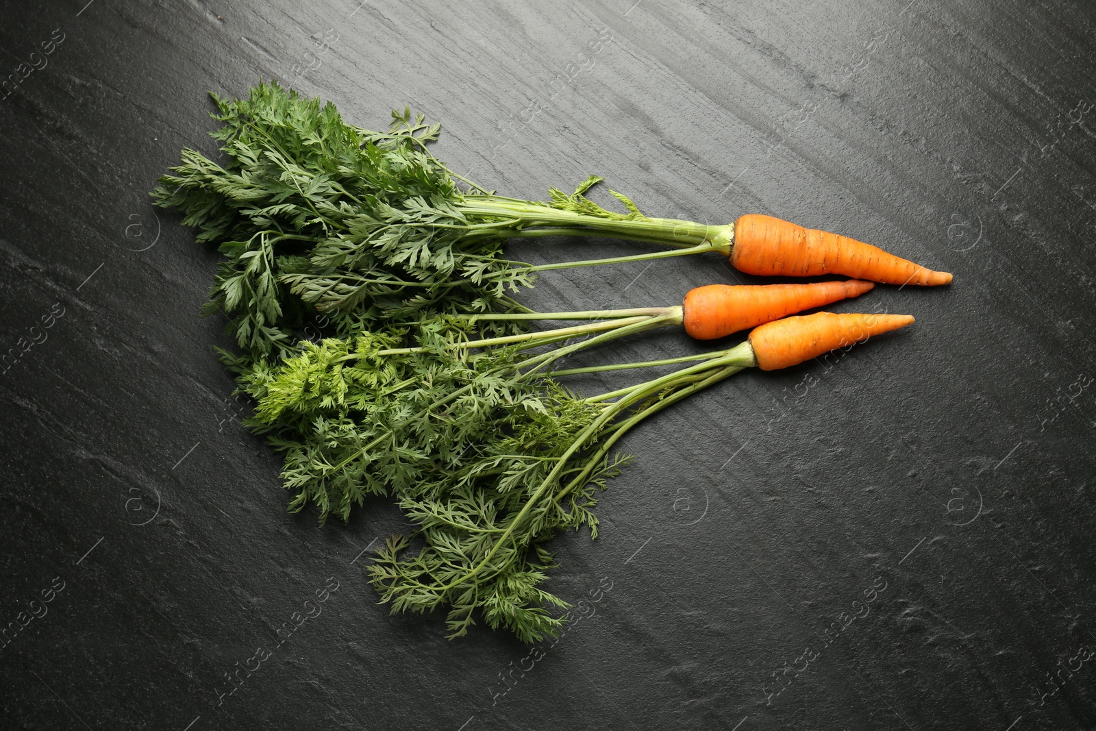 Photo of Tasty ripe juicy carrots on dark gray textured table, top view