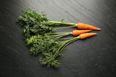 Tasty ripe juicy carrots on dark gray textured table, top view