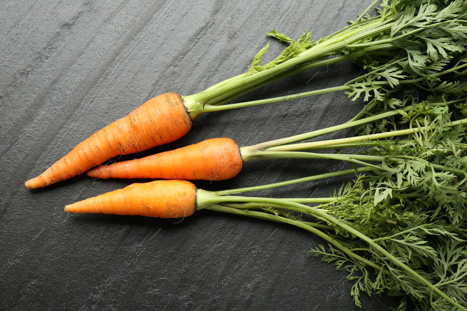 Photo of Tasty ripe juicy carrots on dark gray textured table, top view