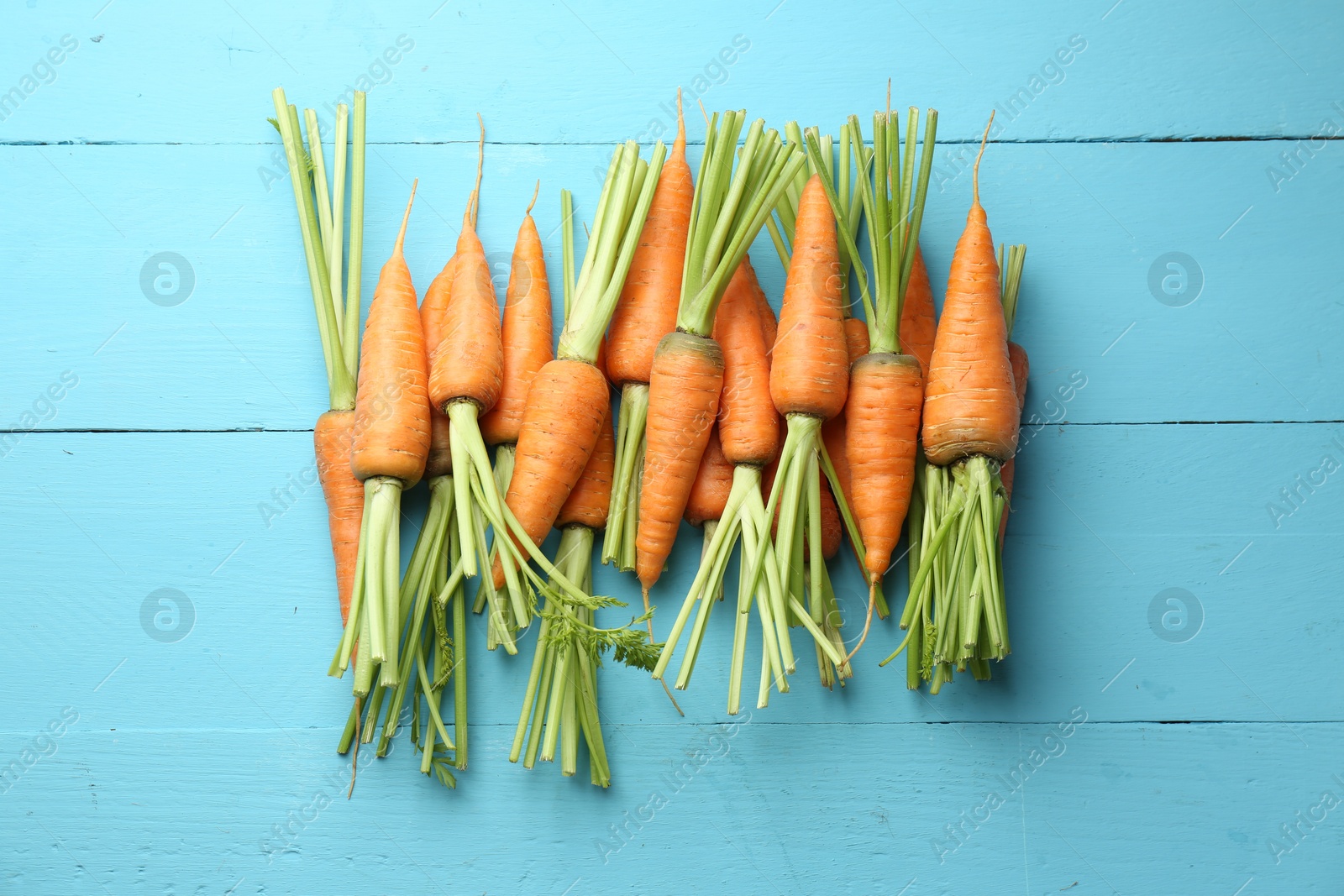 Photo of Tasty ripe juicy carrots on light blue wooden table, top view