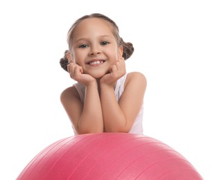 Photo of Cute little girl with fit ball on white background