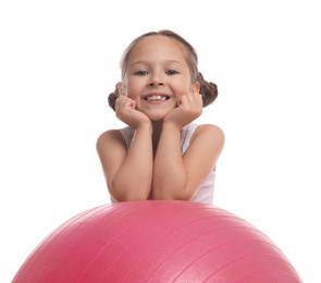 Cute little girl with fit ball on white background