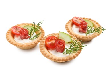 Photo of Delicious canapes with dry smoked sausages, cream cheese and vegetables isolated on white