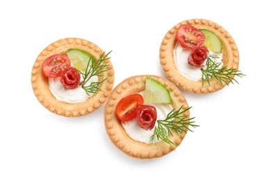 Photo of Delicious canapes with dry smoked sausages, cream cheese and vegetables isolated on white, top view