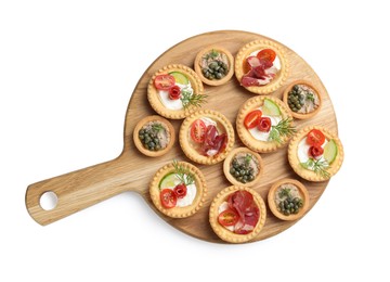 Photo of Delicious canapes with dry smoked sausages, jamon and pate isolated on white, top view