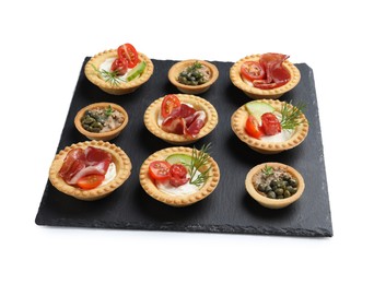 Photo of Delicious canapes with dry smoked sausages, jamon and pate isolated on white