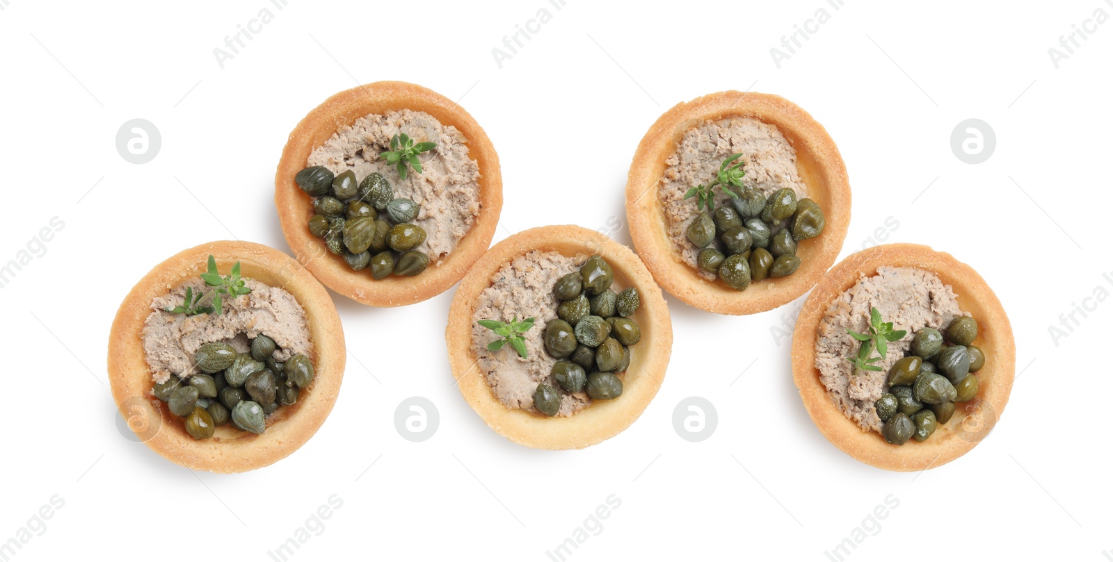 Photo of Delicious canapes with pate, capers and microgreens isolated on white, top view