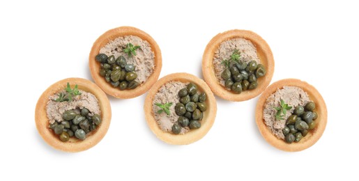 Photo of Delicious canapes with pate, capers and microgreens isolated on white, top view