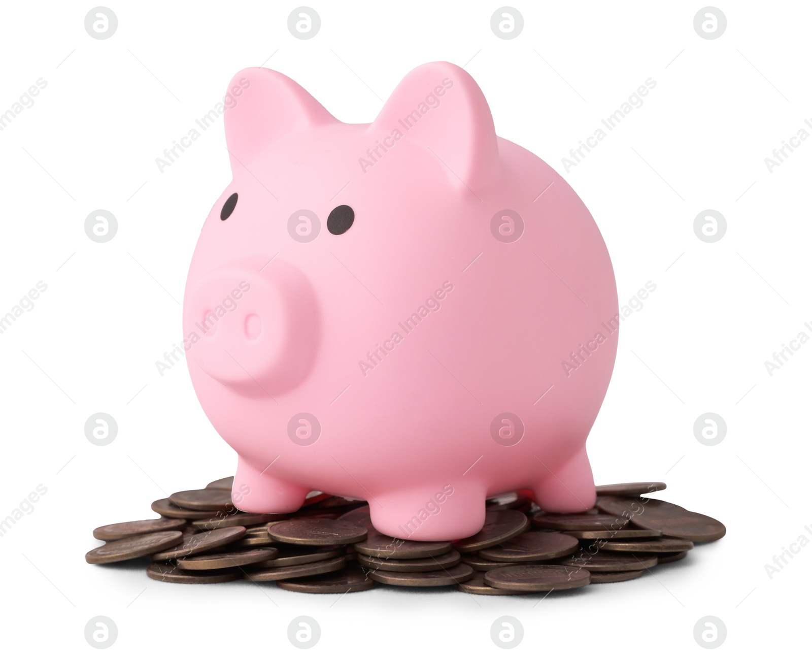 Photo of Pink piggy bank and coins isolated on white