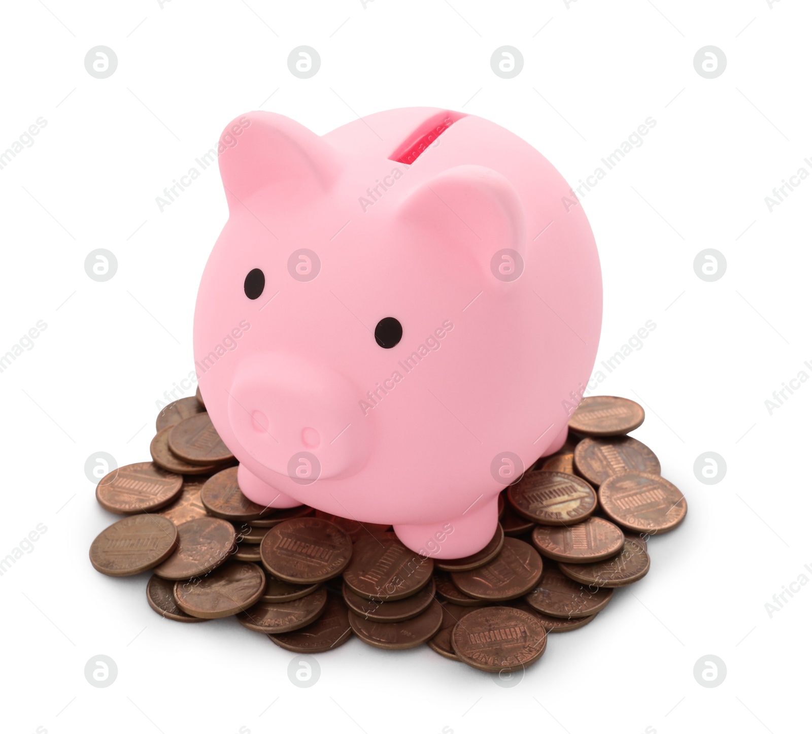 Photo of Pink piggy bank and coins isolated on white