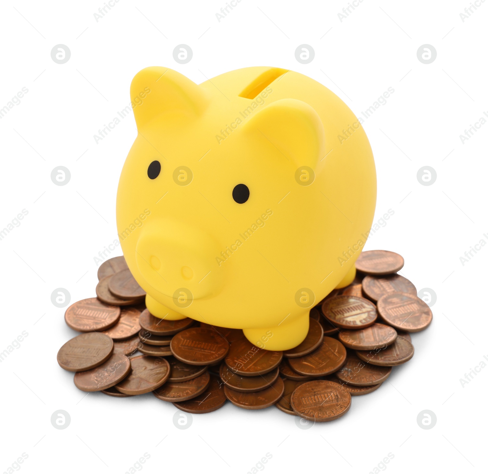 Photo of Yellow piggy bank and coins isolated on white