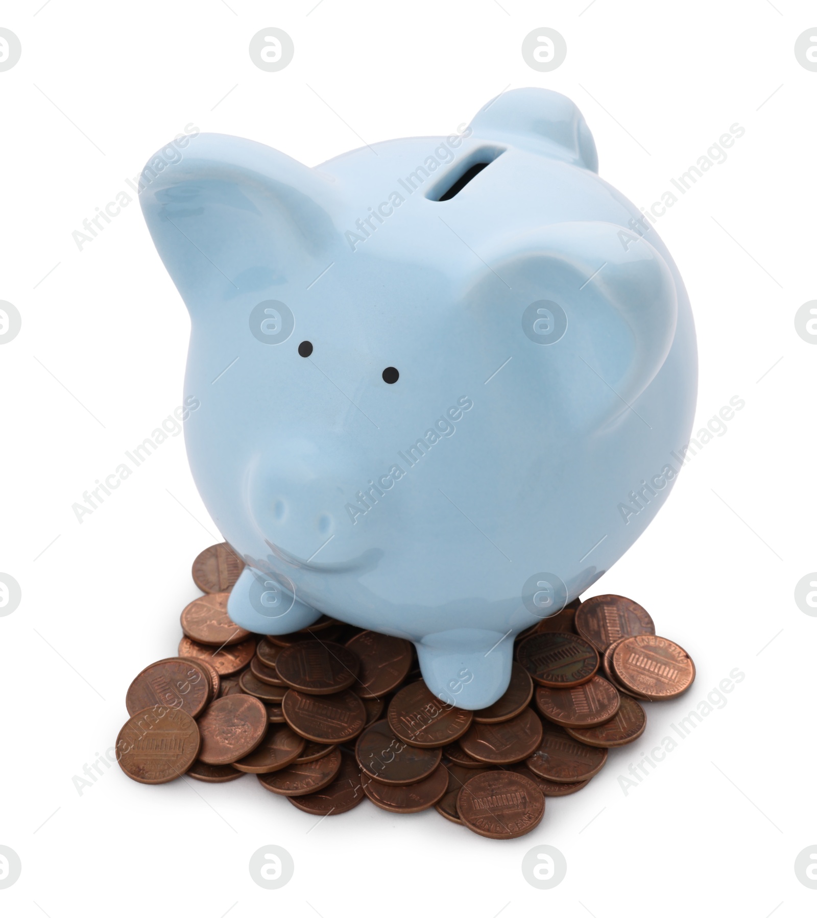 Photo of Light blue piggy bank and coins isolated on white