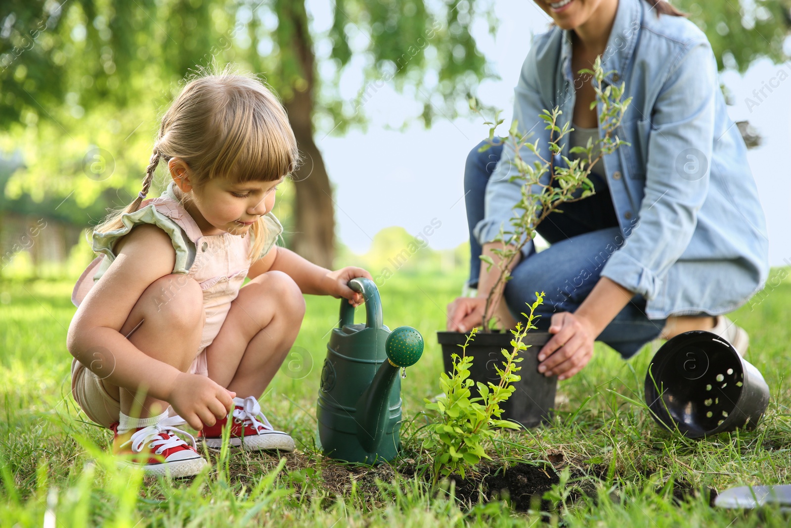 Photo of Mother and her daughter planting tree together in garden