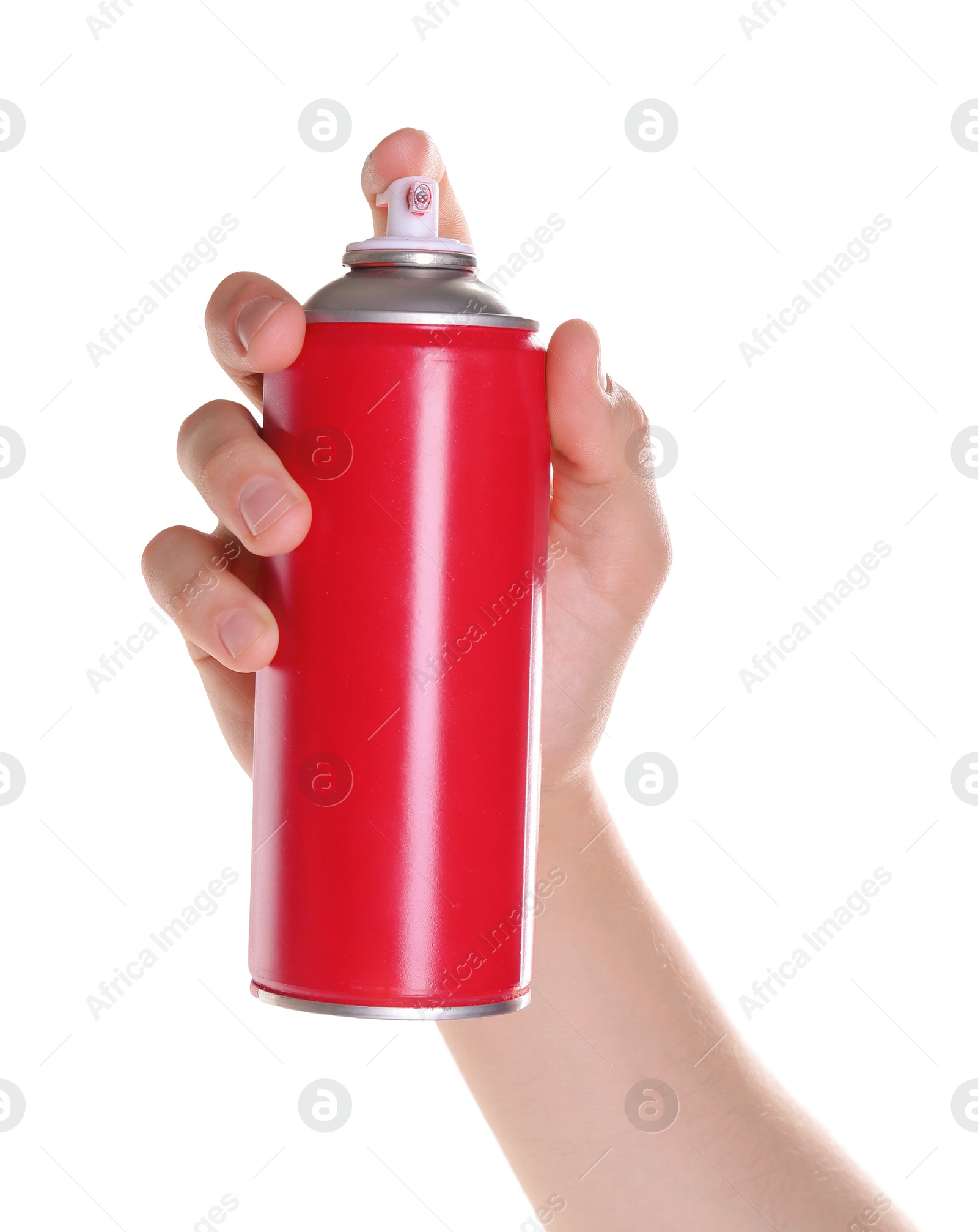 Photo of Man with can of spray paint on white background, closeup