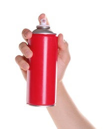 Photo of Man with can of spray paint on white background, closeup