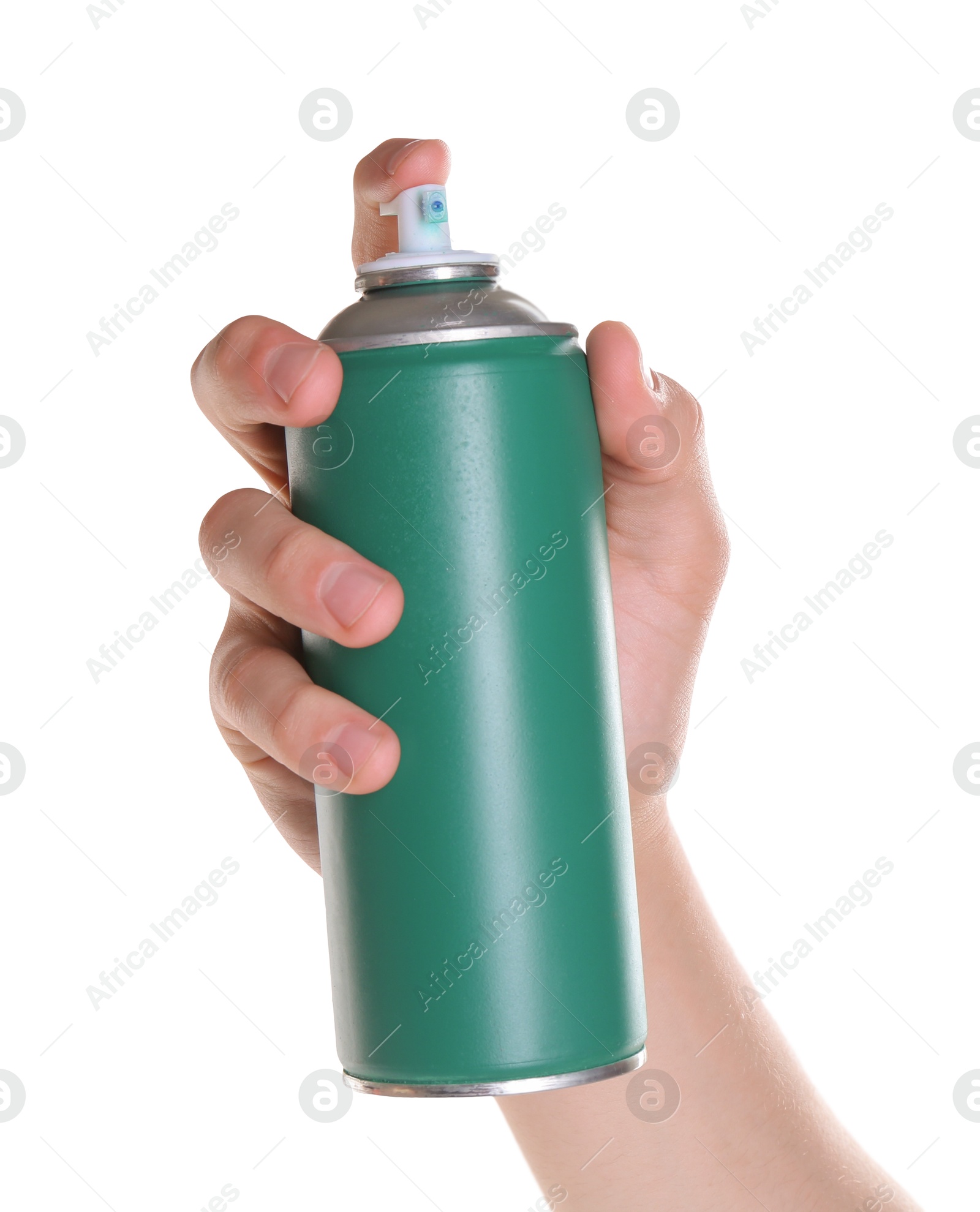 Photo of Man with can of spray paint on white background, closeup