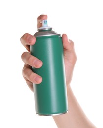 Photo of Man with can of spray paint on white background, closeup