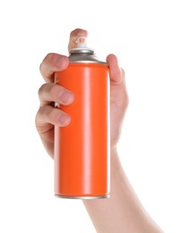 Photo of Man with can of spray paint on white background, closeup