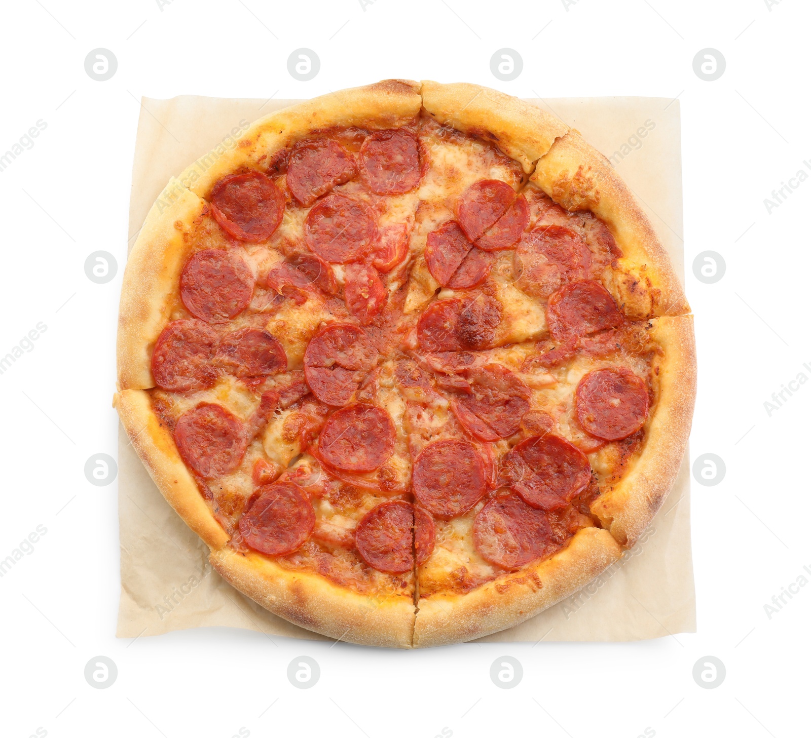 Photo of Tasty hot pepperoni pizza isolated on white, top view