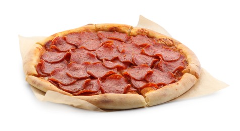 Photo of Tasty hot pepperoni pizza isolated on white