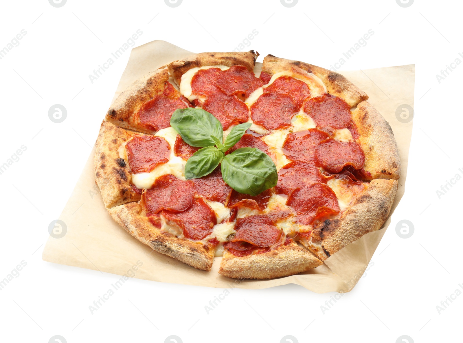 Photo of Tasty pepperoni pizza with basil isolated on white