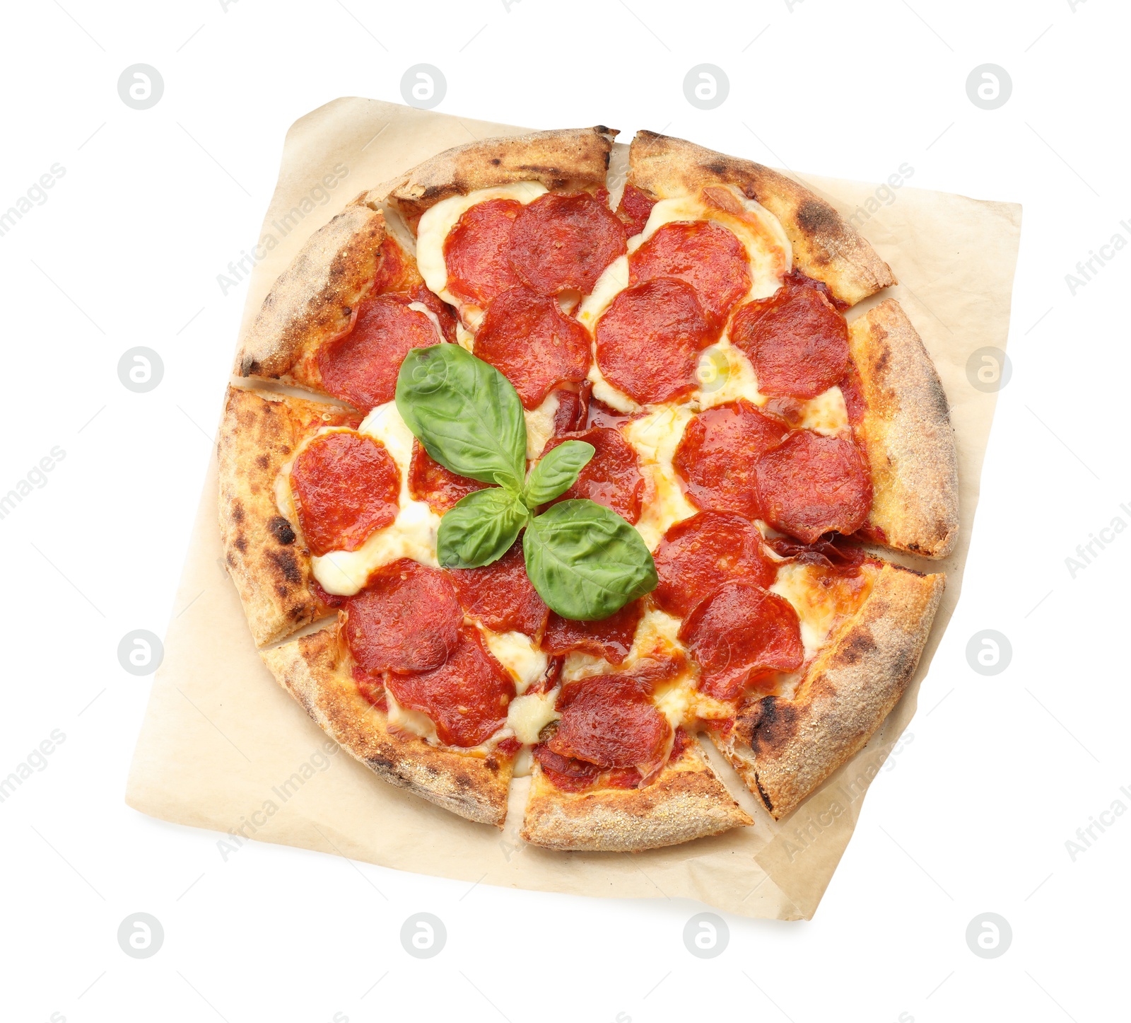 Photo of Tasty pepperoni pizza with basil isolated on white, top view