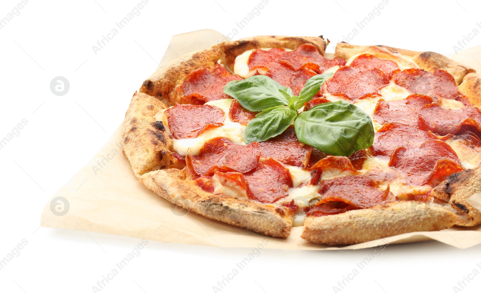 Photo of Tasty pepperoni pizza with basil isolated on white