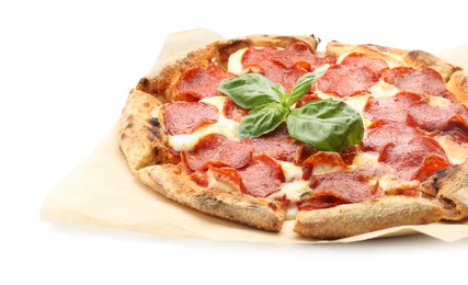 Tasty pepperoni pizza with basil isolated on white