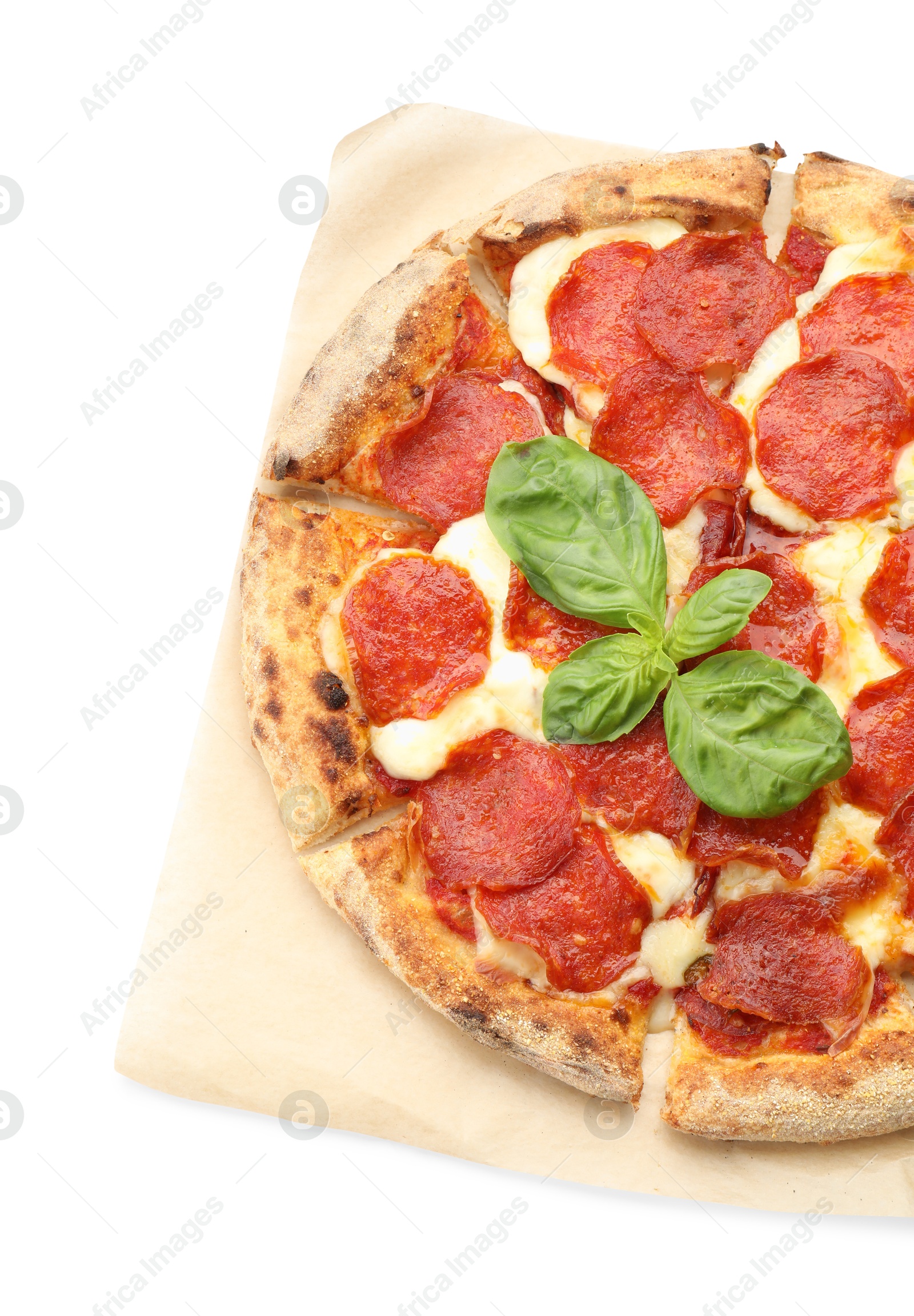 Photo of Tasty pepperoni pizza with basil isolated on white, top view