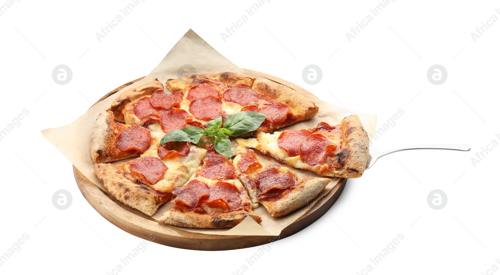 Photo of Tasty pepperoni pizza with basil isolated on white