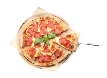 Tasty pepperoni pizza with basil isolated on white, top view