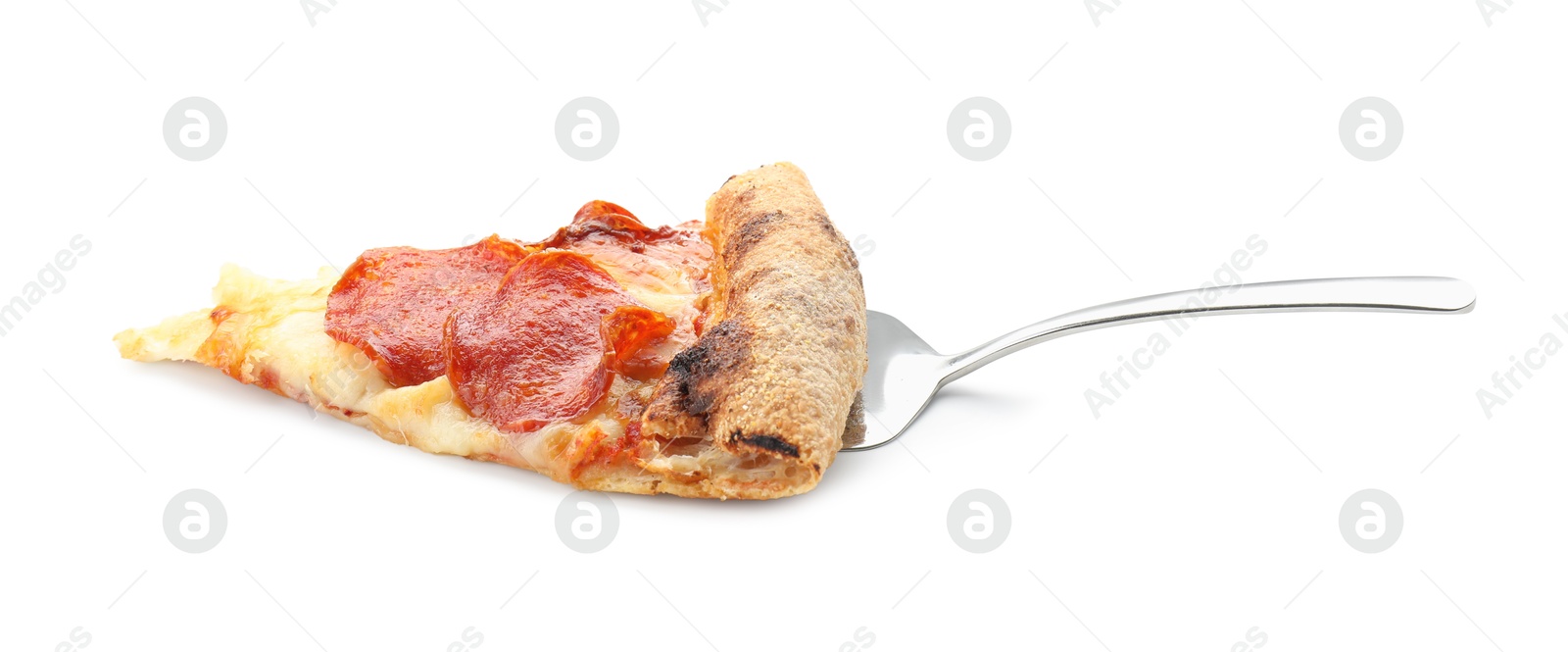 Photo of Piece of tasty pepperoni pizza isolated on white