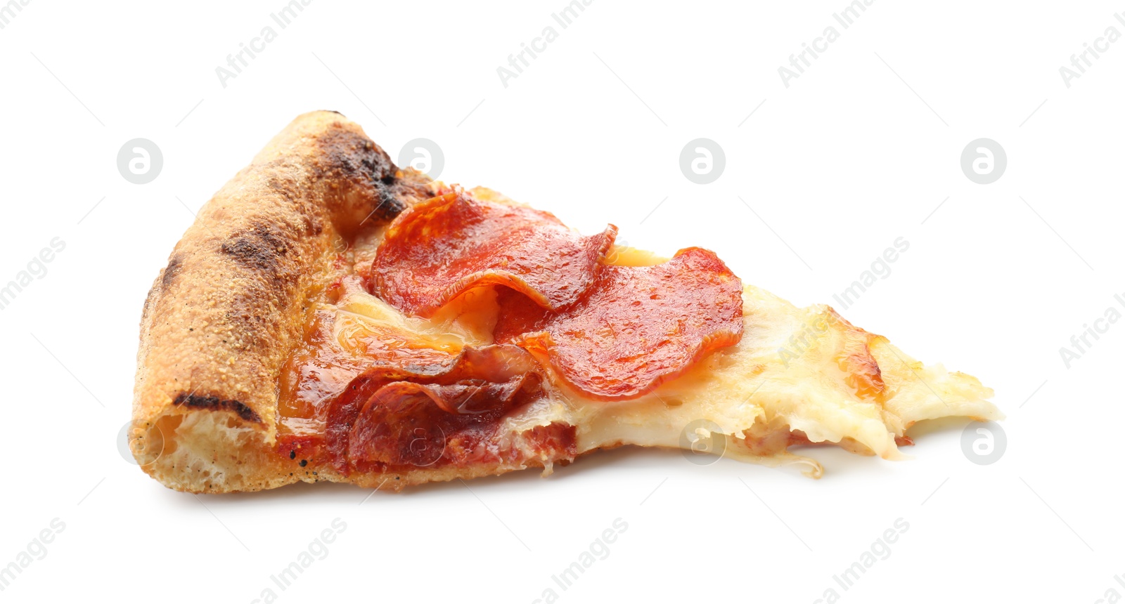 Photo of Piece of tasty pepperoni pizza isolated on white