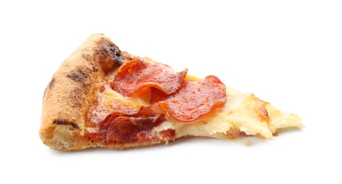 Piece of tasty pepperoni pizza isolated on white