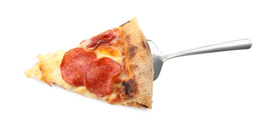 Photo of Piece of tasty pepperoni pizza isolated on white, top view