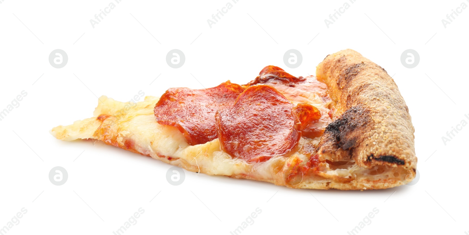 Photo of Piece of tasty pepperoni pizza isolated on white