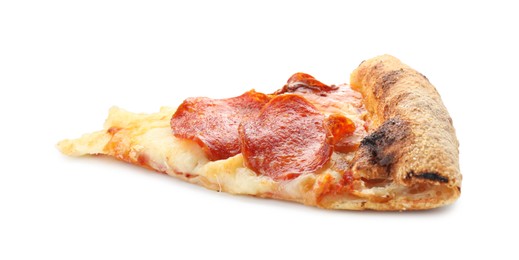 Photo of Piece of tasty pepperoni pizza isolated on white