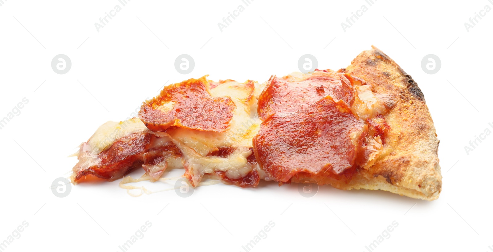 Photo of Piece of tasty pepperoni pizza isolated on white