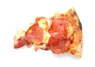 Piece of tasty pepperoni pizza isolated on white, top view