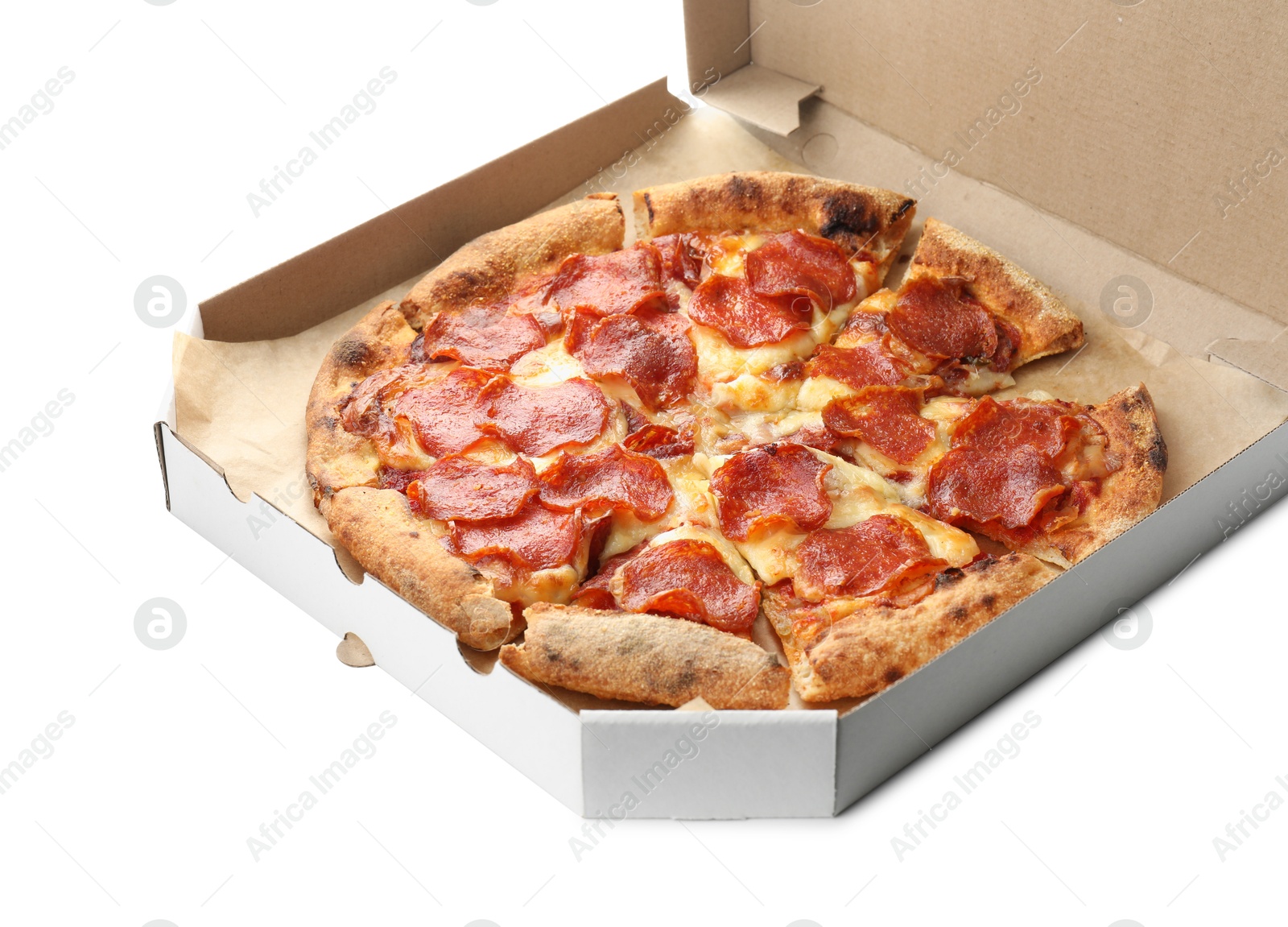 Photo of Tasty pepperoni pizza in cardboard box isolated on white