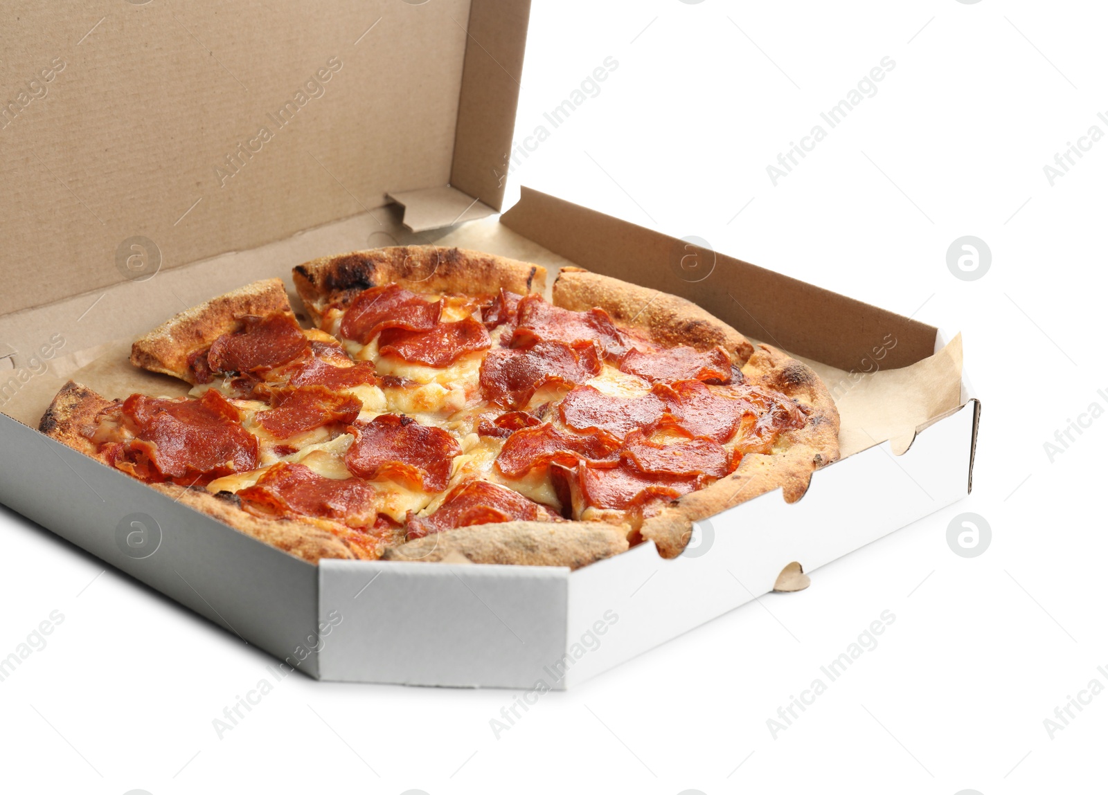 Photo of Tasty pepperoni pizza in cardboard box isolated on white