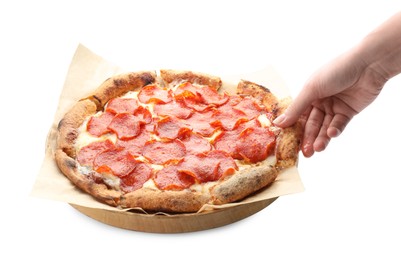 Photo of Woman taking pieces of tasty pepperoni pizza on white background, closeup