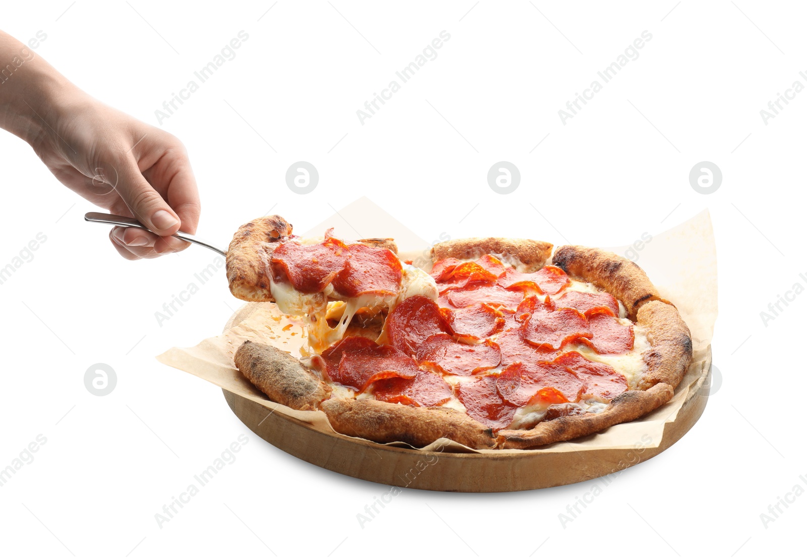 Photo of Woman taking piece of tasty pepperoni pizza on white background, closeup