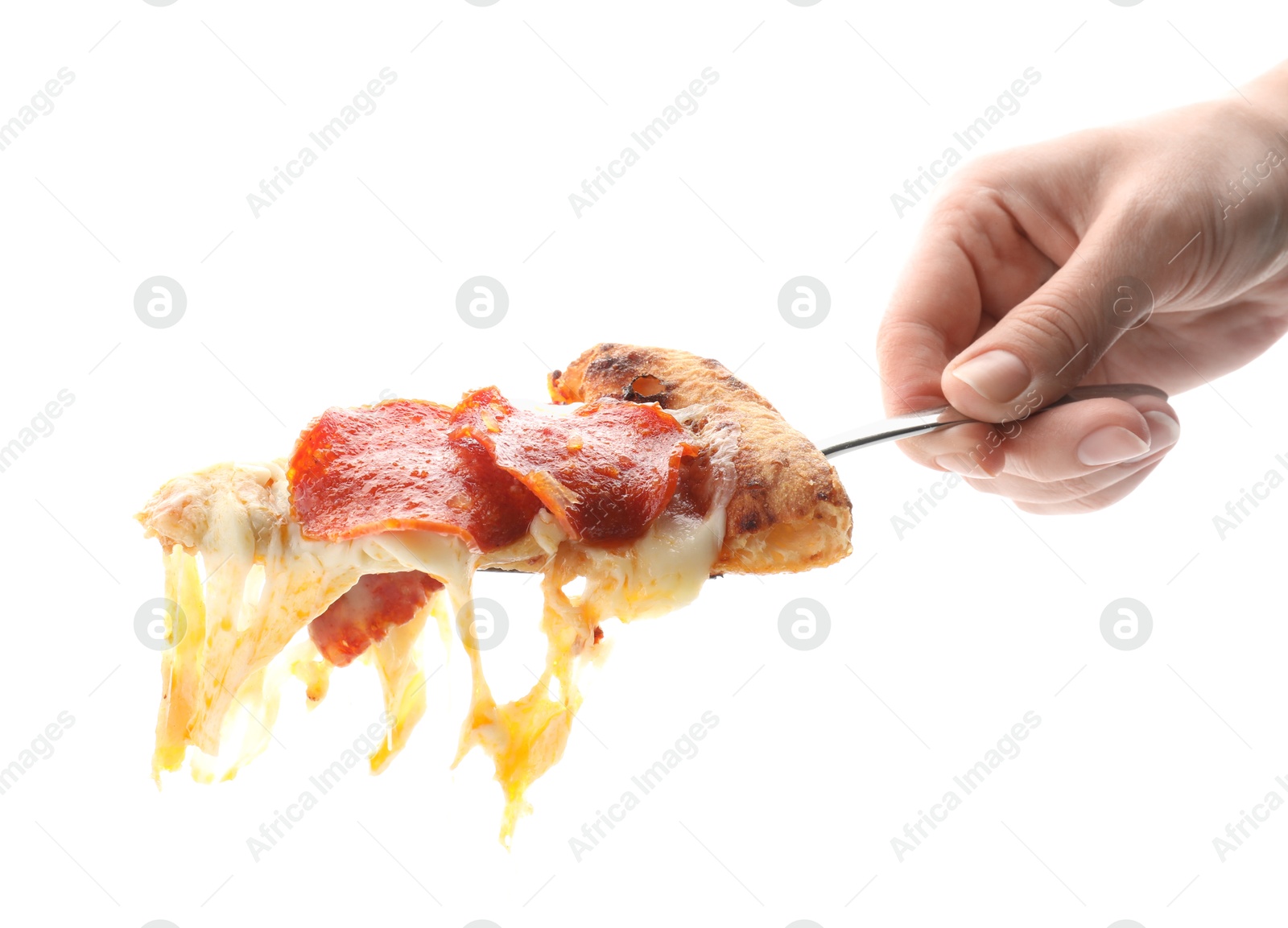 Photo of Woman with piece of tasty pepperoni pizza on white background, closeup