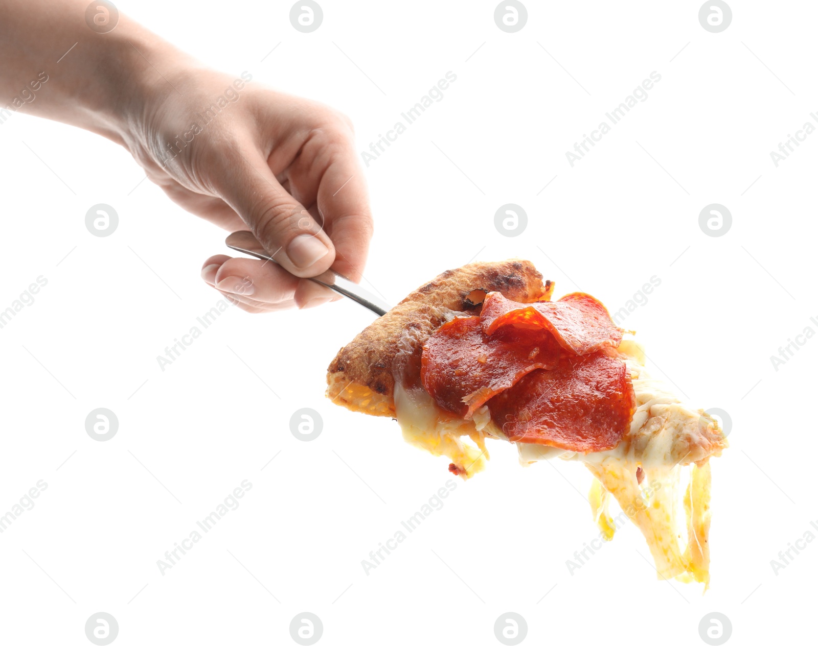 Photo of Woman with piece of tasty pepperoni pizza on white background, closeup