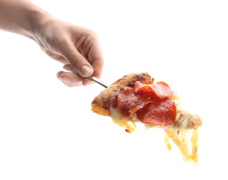 Woman with piece of tasty pepperoni pizza on white background, closeup